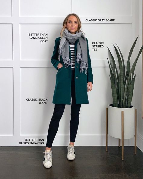 Winter Outfits - 22 Better Than Basic Ideas | Merrick's Art Winter Outfits Basic, Casual Friday Work Outfits Winter, Basic Outfits Winter, Smart Casual Winter Outfits, Green Coat Outfit, Casual Friday Work Outfits, Smart Casual Winter, Winter Outfits Aesthetic, Winter Travel Outfit