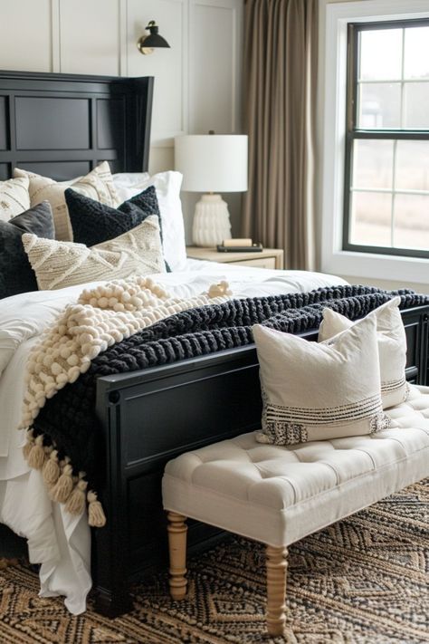 Bedding Ideas For Black Headboard, Black Accent Furniture Bedroom, Big Headboard Bedroom Ideas, Mocha And White Bedroom, Tan And Black Room Ideas Bedrooms, Black And White King Bedding, Tan Black Bedroom Room Ideas, Black Gray And Tan Bedroom, Black In Bedroom