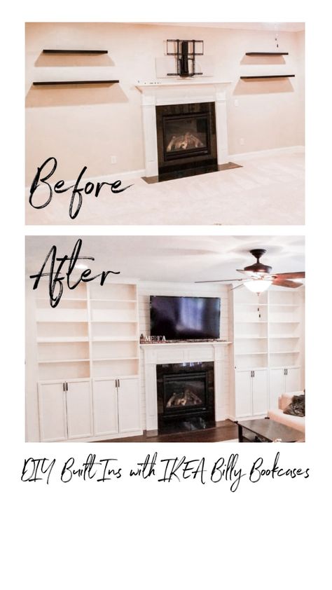 Samantha Raising Wildflowers Motherhood Blog - DIY Built Ins IKEA Billy Bookcase Hack Ikea Hemnes Bookcase Fireplace, Ikea Hacks Fireplace, Fake Built In Bookcase, Ikea Billy Bookcase Hack Built Ins, Ikea Fireplace, Billy Hack, Diy Built Ins, Built In Bookcases, Built In Around Fireplace