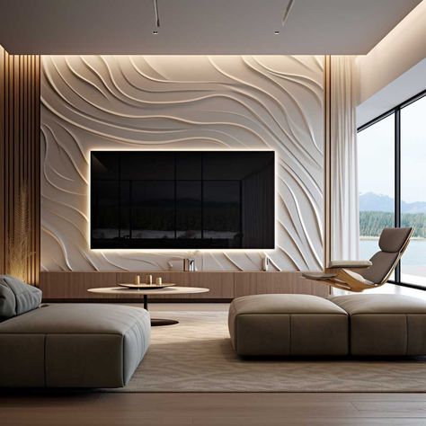 5+ Futuristic Modern LED TV Wall Panel Designs for Your Living Room • 333+ Images • [ArtFacade] Futuristic Tv Wall, Large Tv Wall Design, Lobby Tv Unit Design, Living Wall Design Modern, Textured Tv Wall Ideas, Tv Lounge Ideas Modern, Trending Wall Designs, Futuristic Tv Unit Design, Lcd Wall Design Living Room Tv