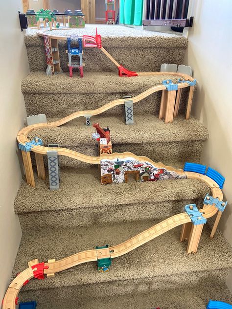 Wooden Railway Train Stair Build Wooden Train Track Accessories, Wooden Train Track Storage, Brio Train Track Layout, Wooden Train Storage, Brio Train Storage, Wood Train Track Layout, Wooden Train Track Layout Ideas, Brio Train Layout Ideas, Train Track Storage