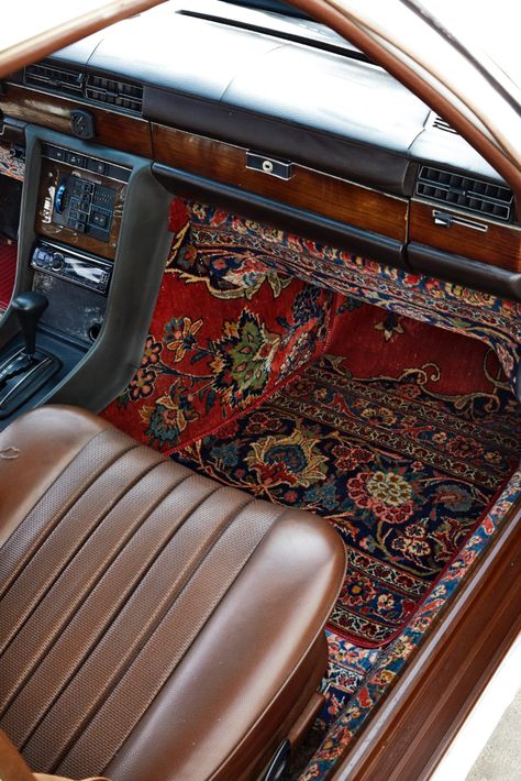 A Vintage Rug Covers the Interior of a Mercedes in Opulent Patterns | Colossal Persian Rug Car Interior, Beaded Seat Cover, Classic Cars Interior, Car Deco, Auto Retro, Car Upholstery, Classy Cars, Old Car, Pretty Cars