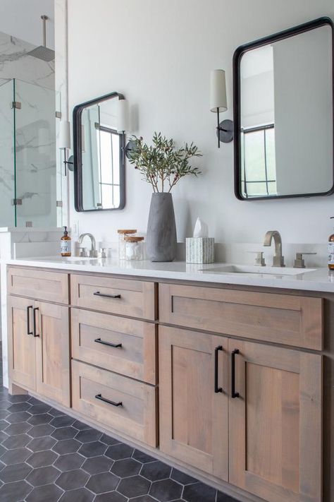 Makeover Kamar Mandi, Lake House Bathroom, Black Floor Tiles, Moore House, Wood Bathroom Vanity, Transitional Bathroom, Master Bath Remodel, Bathroom Remodel Designs, Up House