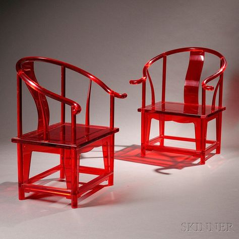 TWO RED QUAN CHAIRS, 2011, JinR from the Green T. House Series, Acrylic, Based on a traditional Ming form, each round-backed armchair in transparent candy apple red, with curved splat and rungs, cylindrical legs, molded apron and stretchers, both seat etched with Green T. House in English and Chinese figures, further signed in ink Chinese Traditional Furniture, Chinese Interior Design, Toddler Table And Chairs, Traditional Chairs, Chinese Furniture, Round Chair, Living Room Decor Inspiration, Modern Chinese, Red Decor