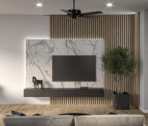 The wood panels in this living room are able to provide an attractive appearance for you to try. The picture behind the TV combined with these marble accents will also result in the perfect home decoration. Living Room Wall Panel from @cwwoodcraftusa #accentwallideas #wallupgrade Tv Accent Wall, Tv Accent, Tv Wall Panel, Fireplace Tv Wall, Tv Room Design, Tv Wall Decor, Tv Wall Unit, Tv Wall Design, Home Design Living Room