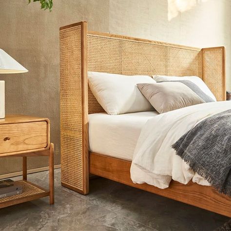 Miles bedroom set - Bedside table Boho Chic Beds, Cane Bed Design, Bed Furniture Design Woods, Cane Furniture Bedroom, Japandi Bed Frame, Rattan Furniture Bedroom, Rattan Bedroom Ideas, Rattan Beds, Boho Beds