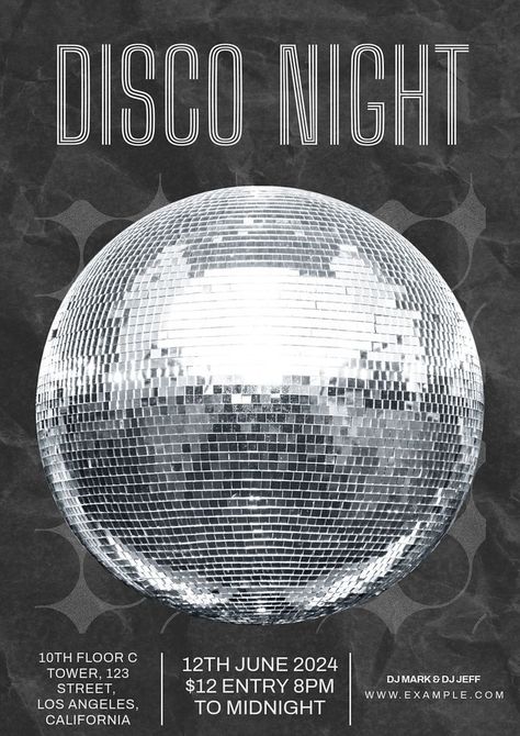 Disco night  poster template, editable text and design | premium image by rawpixel.com / George Silver Poster Design, Disco Flyer Design, Disco Poster Design, Disco Party Poster, Club Poster Design, Disco Ball Graphic, Party Disco Ball, Disco Ball Poster, Nye 2024