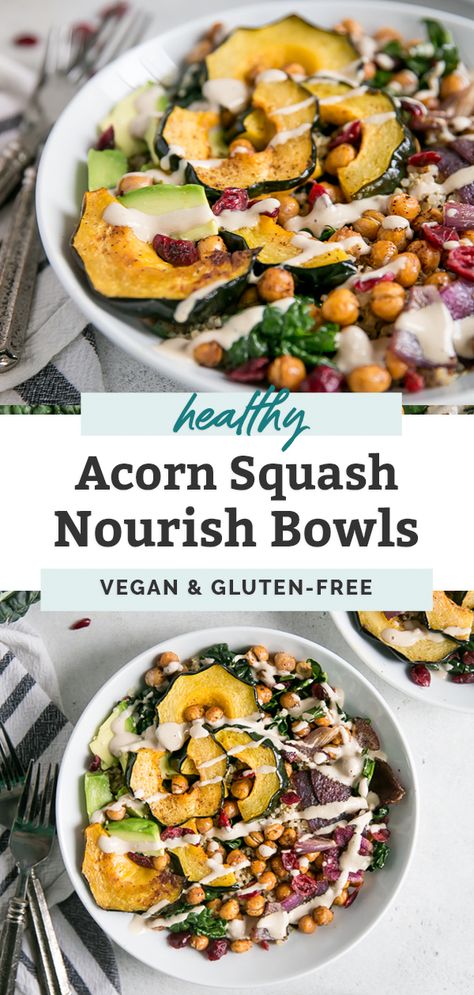 Nourish Bowls, Power Bowl Recipe, Roasted Acorn Squash, Quinoa Kale, Vegan Buddha Bowl, Acorn Squash Recipes, Power Bowl, Healthy Bowls, Tahini Sauce