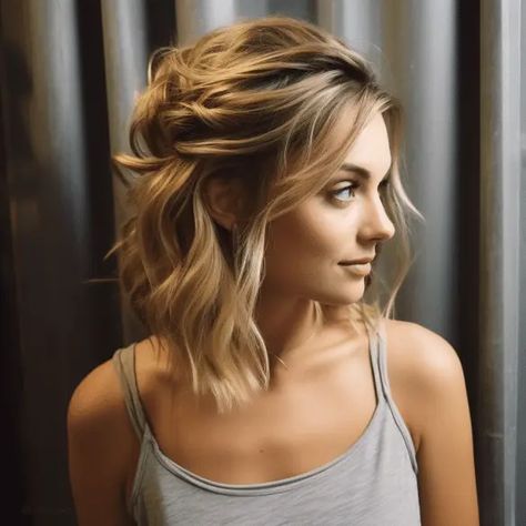 Medium Length Partial Updo, Medium Hair Party Styles, Mid Hair Length Styles Updo, Easy Half Up Half Down Hairstyles Casual Medium Lengths, Half Up Do Short Hair, Long Bob Updo Ideas, Lob Updo Hairstyles, Lob Updo, Shoulder Length Hair Half Up