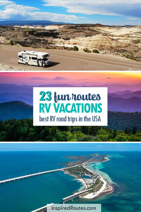 These RV vacations are the best of the US, including national parks, wide open spaces and even some underrated routes you haven't thought of! From coast to coast, the US has some epic road trip adventures! Perfect for camping, summer vacation, hiking destinations and more. Rv Trips Ideas United States, American Roadtrip, Rv Trips, Rv Destination, Camping Summer, Usa Roadtrip, Rv Road Trip, Trip Destinations, Road Trip Packing