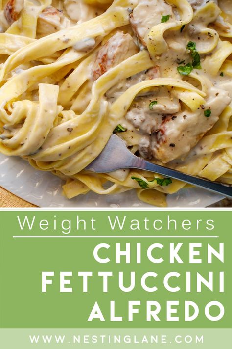 Homemade Weight Watchers Chicken Fettuccini Alfredo Recipe. This delicious Italian dinner is a family favorite. Made with garlic, boneless skinless chicken breast, chicken broth, heavy whipping cream, Greek yogurt, fettuccini pasta, Parmigiano-Reggiano cheese, and parsley. The points are high on this one, so save for a special occasion. MyWW Points: 13 Green Plan, 13 Smart Points. Personal Points will vary based on your individual plan. Weight Watchers Pasta Recipes, Weight Watchers Shrimp, Chicken Fettuccini Alfredo, Weight Watchers Pasta, Healthy Chicken Alfredo, Fettuccini Alfredo, Weight Watchers Meals Dinner, Low Fat Chicken, Chicken Breast Crockpot Recipes