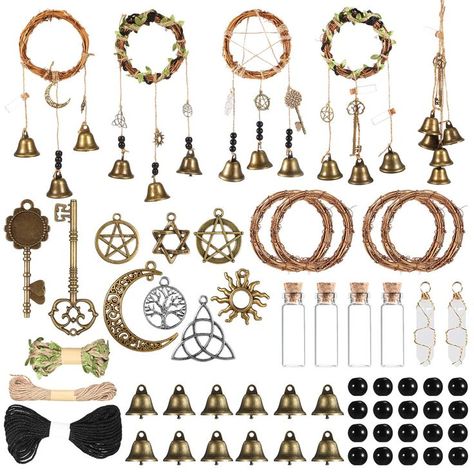 PRICES MAY VARY. Practical Witch Bell DIY Kit: there are 4 natural wreaths, 12 bells, 2 rolls of twines, 1 roll of leave twine, 3 pentagrams, 1 moon, 1 tree, 1 sun, 1 flower of life, 4 mini bottles, 2 metal keys, 2 white crystal and 20 pcs black beads, 54 pcs in all, which is a practical and thoughtful set that can meet your various demands, allowing you to create 4 to 5 sets of witchcraft decor Proper Size to Apply: the natural wreath is about 10 cm/ 3.9 inches in diameter, the bell is about 3. Diy Door Knobs, Witchcraft Decor, Handmade Door, Door Hangers Diy, Bedroom Garden, Natural Wreath, Witch Diy, House Bedroom, Witchy Decor