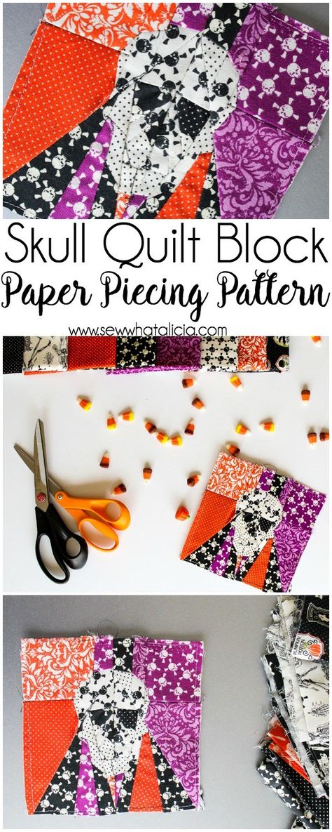 Skull Quilt Block Paper Piecing Pattern: This is a great paper piecing tutorial for Halloween! This sewing tutorial is perfect for those who love to paper piece. Click through for the tutorial and a video walkthrough. #sewwhatalicia | www.sewwhatalicia.com Skull Quilt Block, Skull Quilt, Paper Piecing Tutorial, Tote Bag Pattern Free, Halloween Sewing, Beginner Sewing Projects Easy, Paper Piecing Patterns, Fabric Baskets, Sewing Projects For Beginners