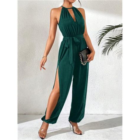 -Item Id 38319342 -Details: Belted, Split, Cut Out -Neckline: Halter -Style: Casual -Waist Line: High Waist -Color: Dark Green -Pattern Type: Plain -Type: Other -Sleeve Length: Sleeveless -Length: Long -Fit Type: Regular Fit -Fabric: Slight Stretch -Material: Woven Fabric -Composition: 95% Polyester, 5% Elastane -Care Instructions: Machine Wash Or Professional Dry Clean -Body: Unlined -Belt: Yes -Sheer: No **Open To Offers!!!** **Bundle To Save More** **30% Off Bundles Of 2 Or More Items!!** ***Orders Go Out Within 5-10 Business Days!! Thank You For Your Patience!! Multiple Sizes And Colors Available In Most Styles Don't See Your Size Or Color Listed, Just Ask. Wedding Outfits, Emerald Green Beach Wedding, Wedding Guest Romper, Summer Jumpsuit, Boutique Pants, Jumpsuit Summer, Clean Body, Keyhole Neckline, Classy Chic