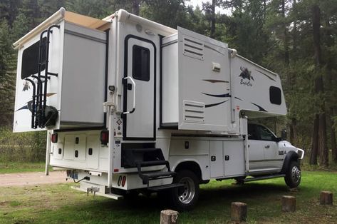 Triple-Slide On A Class 5 - Truck Camper Magazine Cabover Camper, Small Pickup Trucks, Utility Bed, Slide In Truck Campers, Expedition Overland, Small Pickups, Pickup Camper, Slide In Camper, Truck Flatbeds