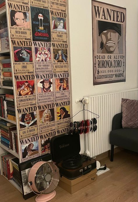 One Piece Living Room Anime, Anime Wall Bedroom Aesthetic, One Piece Gaming Setup, Anime Posters Room Decor Ideas, Anime Themed Living Room, One Piece Themed Room, One Piece Room Ideas Anime, One Piece Room Decor Anime, One Piece Room Ideas