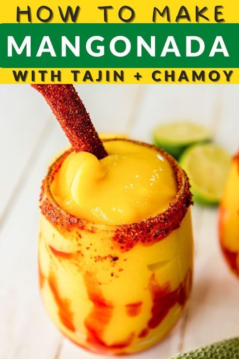 This homemade mangonada recipe from The Travel Palate is a delicious frozen drink. It's made with Chamoy sauce, a versatile Mexican condiment, and frozen mangoes. It's easy to make and a perfect summer refresher. You have to try this easy, summer mocktail! How To Make Mangonada, Tajin And Chamoy, Mangonada Recipe, Tajin Seasoning, Chamoy Sauce, Mango Drink, Cherry Smoothie, Frozen Drink, Frozen Mango