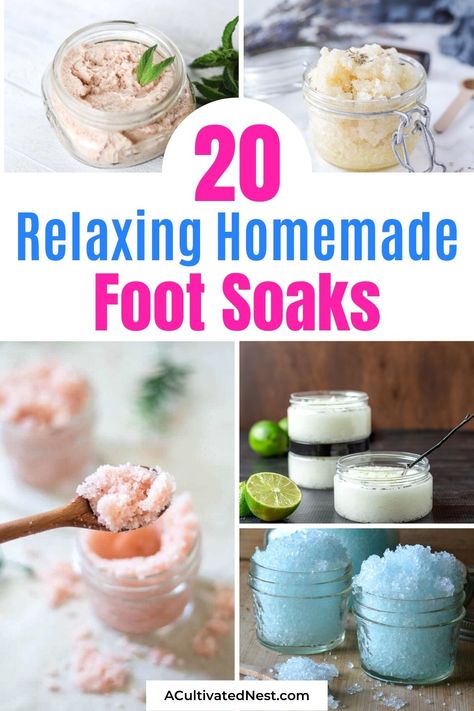 Epsom Salt Foot Soak, Foot Scrub Recipe, Homemade Foot Scrub, Homemade Foot Soaks, Diy Foot Soak, Foot Soak Recipe, Hand Soak, Diy Sugar Scrub Recipe, Diy Pedicure