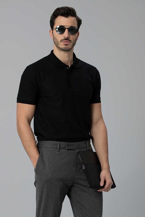 Black Shirt Outfit Ideas For Men, Man Polo Outfit, Polo Business Casual Men, Formal Polo Outfit Men, Polo T Shirts For Men Outfit Formal, Black Polo Outfit Men Formal, Mens Casual Formal Outfits, T Shirt Business Casual Outfit, Black Polo Outfit Men Casual