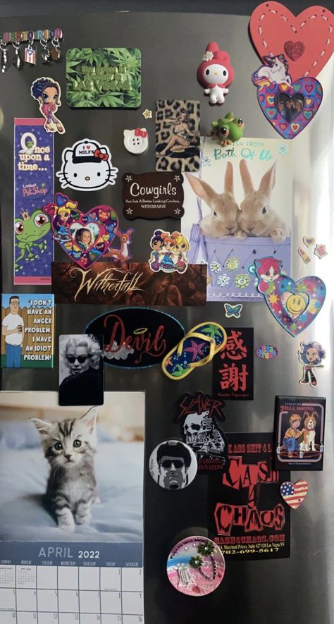 #fridge #magnets #collage #lisafrank #aesthetic Cluttered Fridge Door, Fridge Aesthetic Magnets, Decorated Fridge Aesthetic, Fridge Magnet Aesthetic, Aesthetic Fridge Magnets, Fridge Collage, Mini Fridge Aesthetic, Decorated Fridge, Fridge Magnets Aesthetic