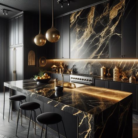 Black and Gold Kitchen Marble Countertops with Gold Veins Black And Gold Marble Kitchen, Black And Gold Kitchen Ideas, Black Marble Kitchen, Modern Dark Kitchen, Modern Gold Kitchen, Gold Kitchen Ideas, Black Gold Kitchen, Architectural Kitchen, Luxurious Kitchen Design