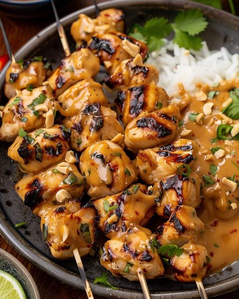 Skewers are all you need for a fulfilling meal! Exotic Thai-inspired Peanut Chicken Skewers Chicken Peanut Recipes, Peanut Chicken Skewers, Chicken And Peanuts Recipe, Lunch Ideas Chinese, Thai Chicken Skewers, Spicy Peanut Chicken, Peanut Chicken Recipe, Tzatziki Chicken, Summer Chicken Recipes