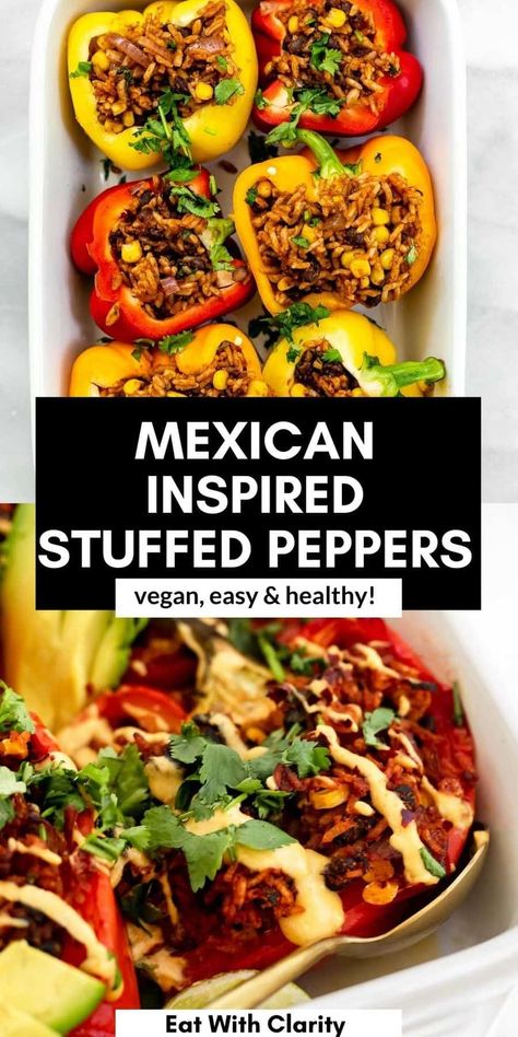 These vegan stuffed bell peppers are easy to make and perfect for a healthy plant based dinner for the whole family! These bell peppers are stuffed with rice and beans and topped with vegan cashew queso. Easy, healthy and delicious! #stuffedpeppers Stuffed Peppers Vegan, Vegan Stuffed Bell Peppers, Korean Tofu, Cashew Queso, Mexican Stuffed Peppers, Quick Vegetarian Dinner, Vegan Stuffed Peppers, Easy Stuffed Peppers, Easy Stir Fry Recipes