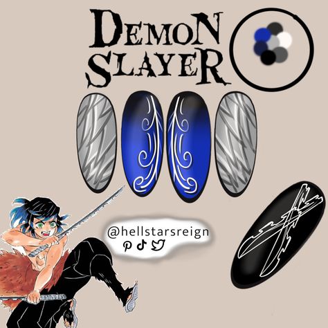 Inosuke Hashibira a member of the Demon Slayer Corps from Demon Slayer as a nail set Demon Slayer Nails Inosuke, Demon Slayer Tengen Uzui Nails, Demon Slayer Themed Nails, Inosuke Nails, Douma Nails, Demon Slayer Nail Designs, Uñas Demon Slayer, Demon Slayer Inspired Nails, Demon Slayer Nail Art