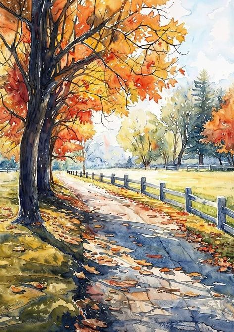 Autumn Landscape Painting Watercolour, Watercolor Paintings Pictures, Autumn Pictures Art, Autumn Scenery Landscape, Watercolor Trees Landscape, Scenery Watercolor Paintings, Autumn Landscape Drawing, Autumnal Watercolour, Fall Watercolor Landscape