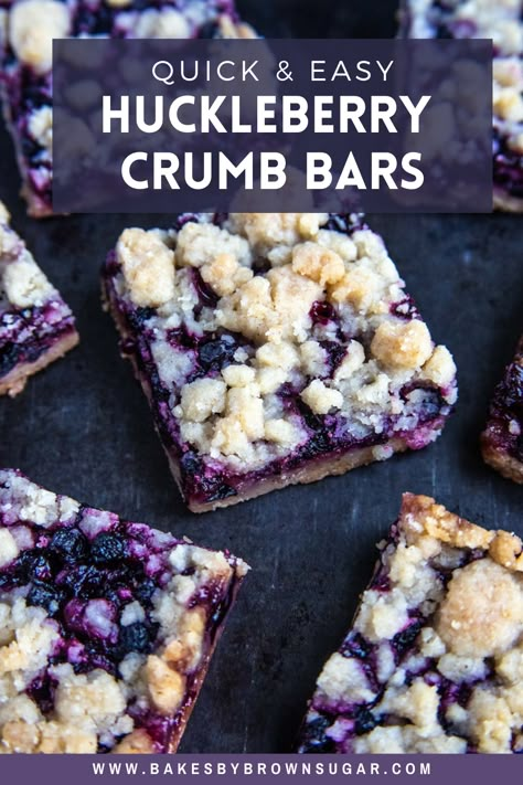 Huckleberry season is here and I made these delicious crumb bars. The buttery sweet crumb is both the bottom and top and perfect with the sweet tart filling. Huckleberries are native to the western United States and similar to blueberries. So if you can't get huckleberries make this sweet treat with blueberries. Get the recipe at Bakes by Brown Sugar. Huckleberry Cobbler Recipe, Huckleberry Crisp Recipe, Huckleberry Tart Recipe, How To Freeze Huckleberries, Huckleberry Crisp With Oatmeal, Huckleberry Muffins With Crumb Topping, Huckleberry Scones Recipe, Huckleberry Cheesecake Recipe, Huckleberry Muffins Recipe