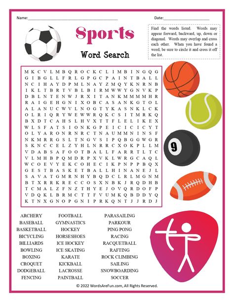 Word Search for Kids Kids Word Search, Free Word Search Puzzles, Printable Sports, Free Word Search, Sports Theme Birthday, Fall Words, Nature Words, Winter Words, Bonding Activities