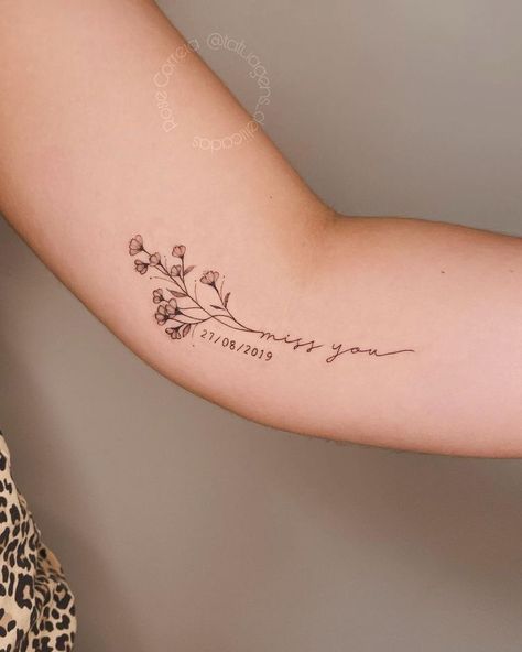 Sentimental Flower Tattoos, Water Memorial Tattoo, Tattoo Ideas With Handwriting, Fine Line Tattoo On Back Of Arm, Wildflower Memorial Tattoo, Flower And Angel Wing Tattoo, Women’s Tattoos With Meaning, Women’s Small Tattoo Placement, Cute Remembrance Tattoos