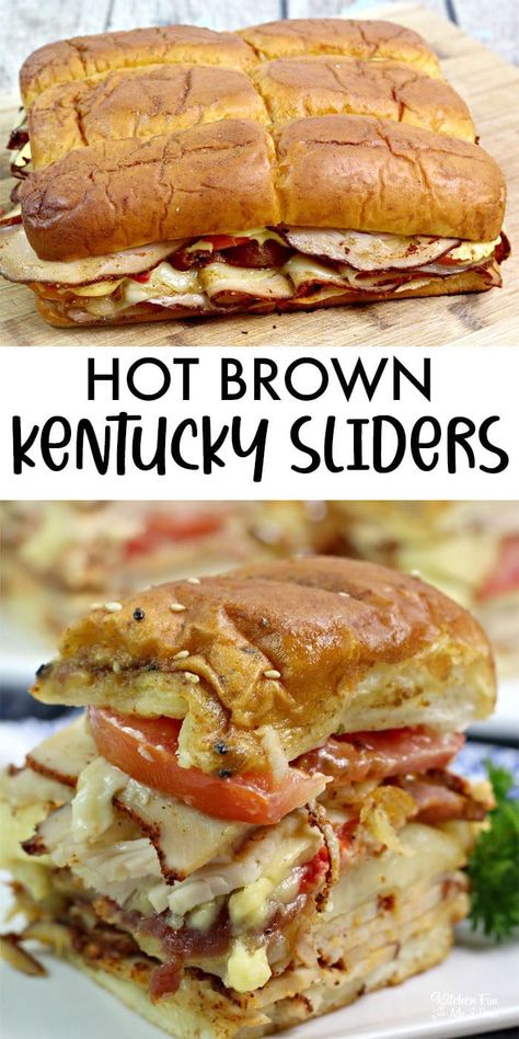 Sliders Thanksgiving, Hot Brown Sliders, Kentucky Hot Brown Sliders, Sliders Recipes Hawaiian Rolls, Hot Sandwich Recipes, Kentucky Hot Brown, Desserts Thanksgiving, Slider Sandwiches, Hot Brown