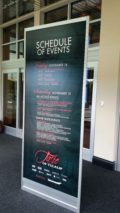 Schedule of Events signage set at Tulalip Resort for the Taste of Tulalip. Conference Decorations Events Ideas, Corporate Event Signage, Conference Ideas Event Planning, Gala Signage, Conference Event Ideas, Conference Decorations Events, Conference Signage, Event Collateral, Fame Ideas