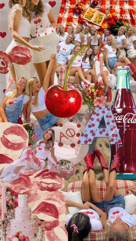 #bidday #cherry #moodboard Sorority Themes, Recruitment Themes, Americana Aesthetic, Theta Phi Alpha, Sorority Bid Day, Bid Day Themes, Tri Delta, Pi Phi, Big Little Reveal