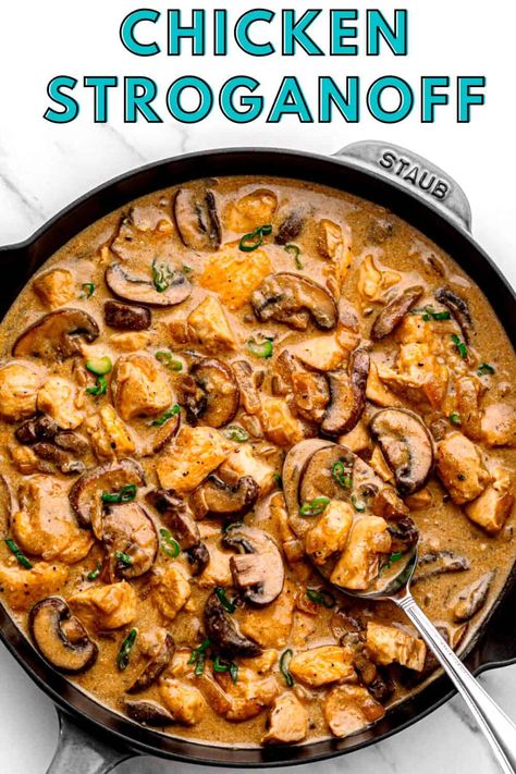 Satisfy your cravings with this irresistible Chicken Stroganoff recipe! This creamy and flavorful dish features tender chicken strips cooked to perfection in a rich sauce, served over a bed of fluffy egg noodles. Indulge in a comforting meal that will leave you wanting more. Essen, Buffalo Chicken Stroganoff, Easy Chicken Stroganoff 12 Tomatoes, Chicken Stroganoff Crock Pot, Chicken Strip Dinner Ideas, Stove Top Chicken Recipes, Easy Chicken Stroganoff Recipe, Creamy Chicken Stroganoff, Chicken Stroganoff Recipe