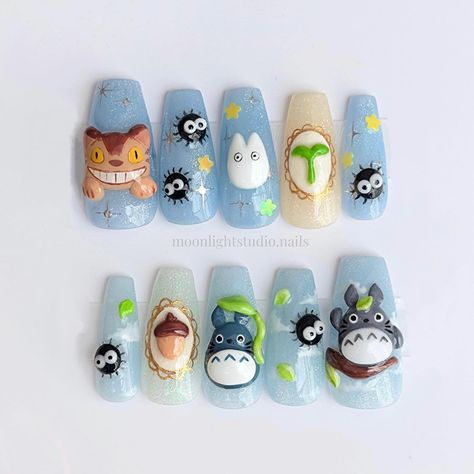 Kodama Nails, Princess Mononoke Nails, Studio Ghibli Nail Designs, My Neighbor Totoro Nails, Studio Ghibli Nail Art Simple, Short Studio Ghibli Nails, Nail Designs Studio Ghibli, Ghibli Nail Art, Ponyo Nails Studio Ghibli