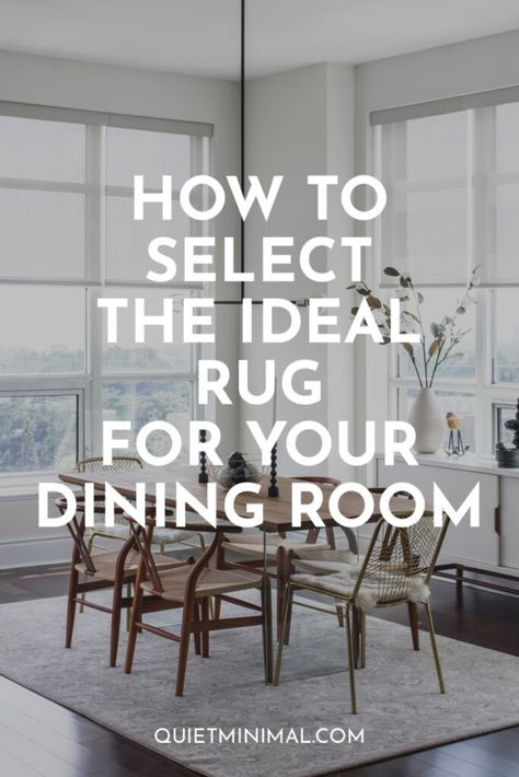 Find The Rug Of Your Dreams: How To Select The Ideal Rug For Your Dining Room? - Quiet Minimal - Interior Design Inspiration & Ideas Table With Rug Underneath, Natural Rug Dining Room, Dining Table And Rug Ideas, Rug Under Rectangle Dining Table, Dining Room Rugs Modern, Area Rugs In Dining Rooms, Dining Room Table Runner Ideas Decor, Dining Rooms With Rugs, Dark Floors Dining Room