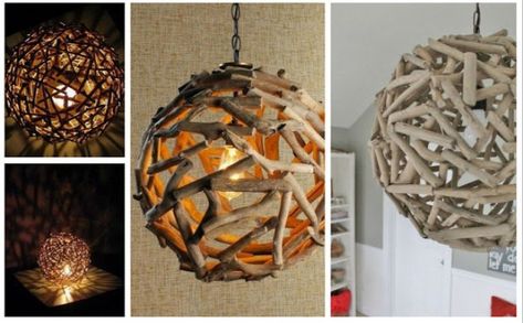 DIY Wooden ball lamps from twigs or driftwood Driftwood Projects, Driftwood Chandelier, Diy Pendant Light, Ball Pendant Lighting, Driftwood Lamp, Diy Lampe, Pendant Light Shades, Contemporary Pendant Lights, Driftwood Crafts