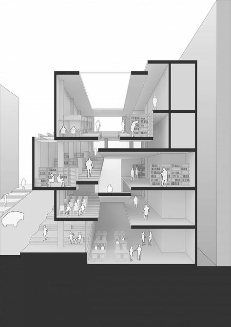 Levels Architecture Concept, Library Section Architecture, Long Section Architecture, Sectional Axonometric Architecture, Detailed Section Architecture, Library Project Architecture, Stairs Section, Architecture Section Drawing, 3d Section