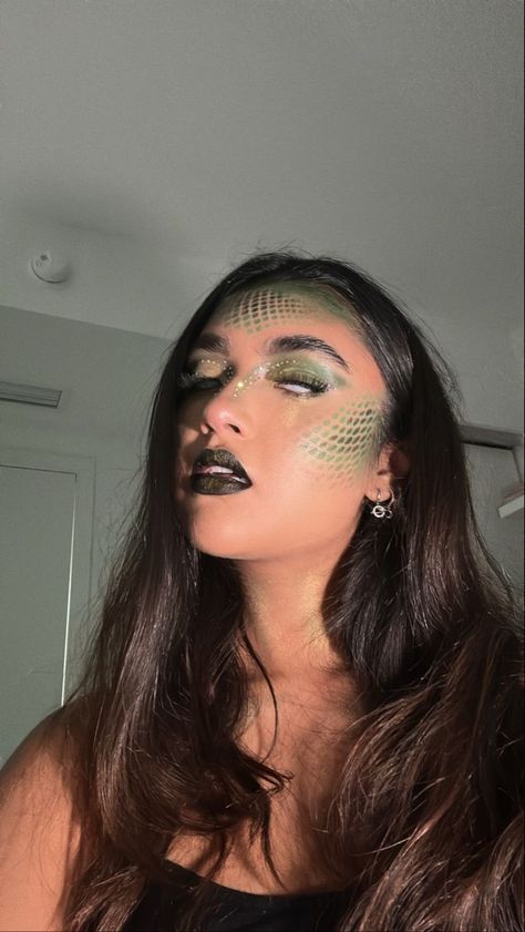 Snake Halloween Costume Women, Halloween Snake Costume, Snake Face Makeup, Slytherin Inspired Makeup, Snake Makeup Halloween, Snake Costume Womens, Snake Charmer Costume, Snake Makeup Look, Medusa Makeup Halloween