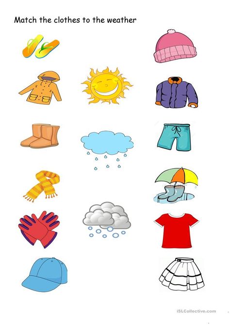 Match the clothes to the weather - English ESL Worksheets for distance learning and physical classrooms Weather For Kids, Weather Activities Preschool, Weather Activities For Kids, Seasons Worksheets, Weather Worksheets, Preschool Weather, English Activities For Kids, Free Preschool Worksheets, Aktivitas Montessori