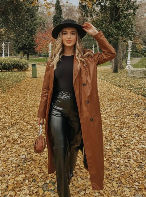 Long Brown Leather Jacket Outfit, Leather Coat Outfit, Brown Leather Jacket Outfit, Faux Leather Coat, Leather Jacket Outfits, Zara New, Trench Jacket, Leather Trench Coat, Coat Outfits