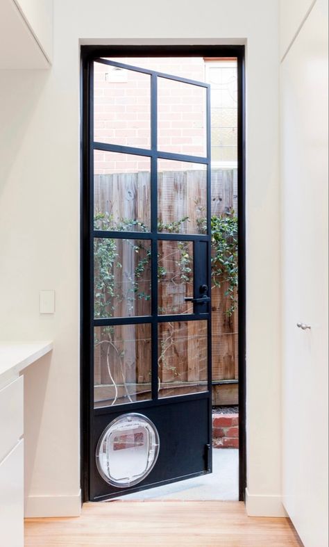 Laundry Door With Dog Door, Steel Glass Doors Exterior, Glass Door With Doggie Door, Interior Dog Door, Patio Doors With Dog Door, Small Patio Doors Ideas, French Doors With Doggie Door, Doggy Doors To Outside, Glass Laundry Door