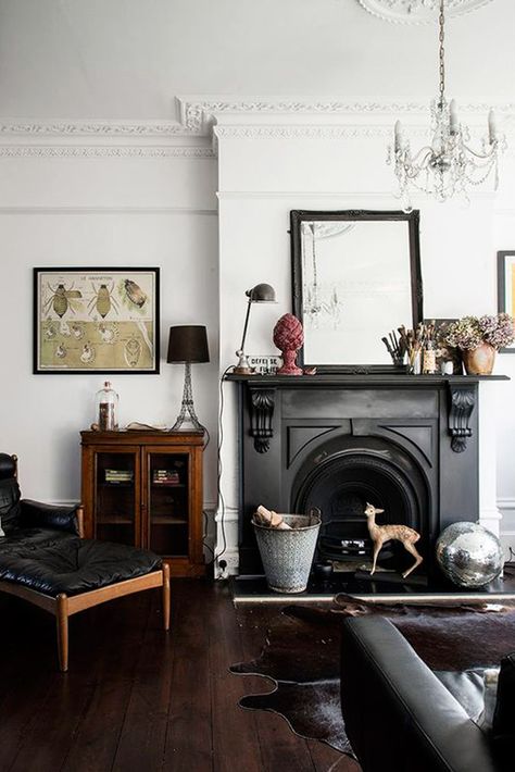 the stylists: mademoiselle poirot. Black Fireplace, Antique Fireplace, Lodge Decor, Fireplace Mantle, Cheap Decor, A Living Room, Cheap Home Decor, Decoration Design, Room Inspo