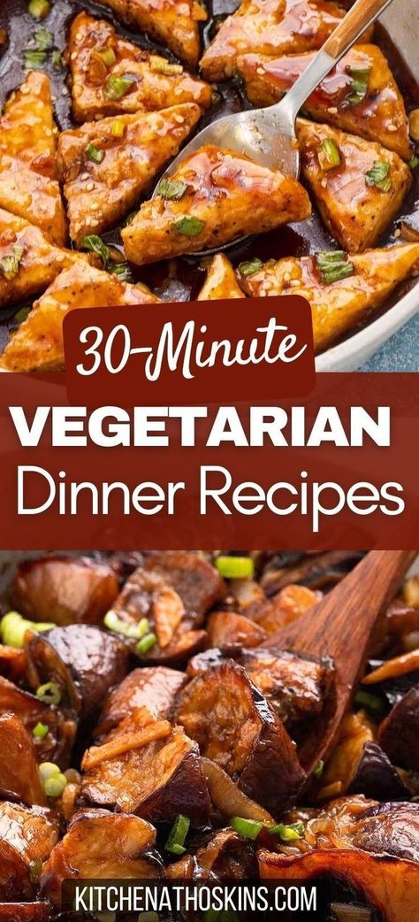 Discover easy vegetarian dinner recipes for family that are healthy, quick and mostly ready in 30 minutes. You will find meatless meals made in the air fryer, skillet or oven using seasonal vegetables, chickpeas or tofu for an easy dinner solution. Get the weeknight vegetarian dinner ideas at kitchenathoskins.com. Dinner Recipes For Vegetarians, Healthy Vegetarian Dinner Recipes, Veggie Dinner Recipes, Easy Vegetarian Dinner Recipes, Recipes For Vegetarians, Amazing Vegetarian Recipes, Vegetarian Dinner Recipes, Vegan Curry Recipes, Vegetarian Recipes Dinner Healthy