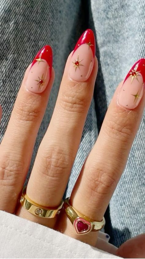 French Tip Metallic, Gold Star Nails, Sparkly French Tip Nails, Red Sparkly Nails, Red Tip Nails, Nails With Rhinestones, Red And Gold Nails, Quartz Nails, Almond Press On Nails