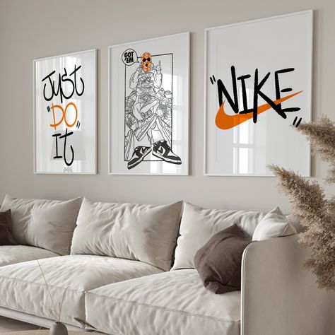 Orange Sneaker Wall Prints- Hypebeast Wall Art-Sneaker Poster-Orange Sneaker Art-Hypebeast Decor-Digital Download Nike Pictures For Wall, Orange Prints For Walls, Men’s Wall Decor, Hypebeast Living Room Ideas, Sb Poster, Nike Room, Hypebeast Apartment, Sneakerhead Bedroom, Funny Apartment Decor