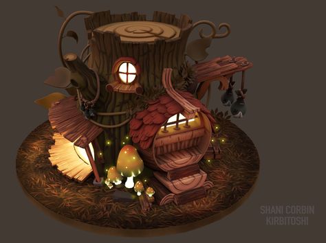 ArtStation - Tree Stump House, Shani Corbin Minecraft Tree Stump, Tiny Aesthetic, Fantasy House Concept, Island Minecraft, Tree Stump House, Wagon House, Stump House, Tree House Interior, Minecraft Tree