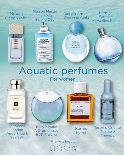 🌊 Fresh aquatic and oceanic perfumes for women ⬇️ ▫️ Rituals Océan Infini — such a gorgeous, refreshing oceanic scent with some musk. It’s not expensive too. ▫️ Maison Martin Margiela Sailing Day — one of the best oceanic scents I’ve ever tried, smells very clean and fresh. ▫️ Giorgio Armani Ocean di Gioia — a complex aquatic scent with green notes and juicy pear. I like their Acqua di Gioia too. Everyone seems to like these) ▫️ Hermès Eau des Merveilles Bleue — fresh and quite cold sc... Fresh Parfum For Women, Maison Margiela Sailing Day, Ocean Scent Perfume, Aquatic Perfume For Women, Clean Smelling Perfume For Women, Fresh Clean Perfume For Women, How To Smell Fresh All Day, Smell Like Ocean, Clean Perfume Scents